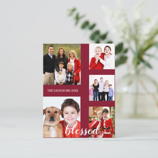 ホリデー魅力的ファミリーフォトコラージモノグラム シーズンポストカード (スタンド正面)