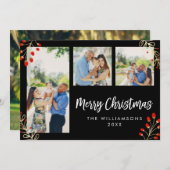 ホリデー3フォトカード |赤いベリーと金ゴールド葉 シーズンカード (正面/裏面)