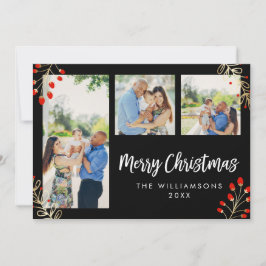 ホリデー3フォトカード |赤いベリーと金ゴールド葉 シーズンカード