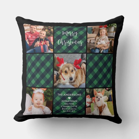 ホリデー5フォトコラージグリーンパーソナライズされたプレイド クッション (正面)
