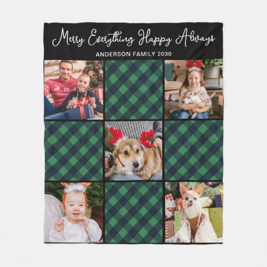 ホリデー5フォトコラージグリーンパーソナライズされたプレイド フリースブランケット (正面)