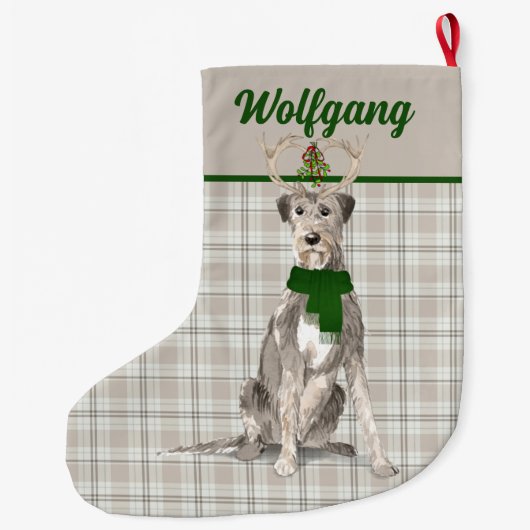 ホリデー・アイリッシュ・ウルフハウンドと犬の名前のプレイド ラージクリスマスストッキング (裏面)