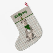 ホリデー・アイリッシュ・ウルフハウンドと犬の名前のプレイド ラージクリスマスストッキング (裏面 (吊り時))
