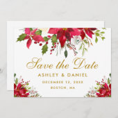 ホリデー ウェディング ポインセチア フラワーズ ゴールド セーブザデート (正面/裏面)