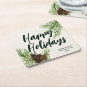 ホリデー ウォーターカラー ウィンター パイン グリーン アイボリー スクエアペーパーコースター (アングル)