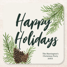 ホリデー ウォーターカラー ウィンター パイン グリーン アイボリー スクエアペーパーコースター