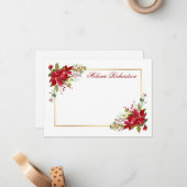 ホリデー ウォーターカラー フラワーポインセチア 赤 ゴールド ノートカード (正面/裏面インサイチュ)