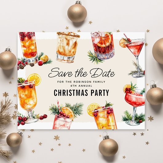 ホリデー・カクテル クリスマス・パーティー Save The Date シーズンポストカード