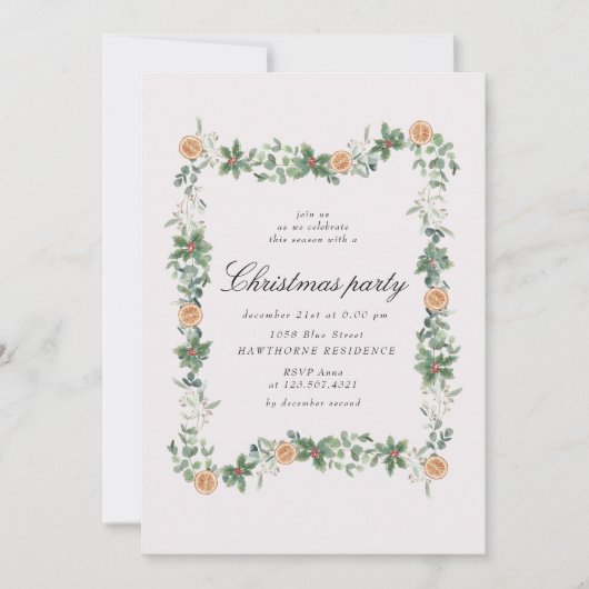 ホリデー グリーン オレンジ クリスマス パーティー 招待状 (正面)