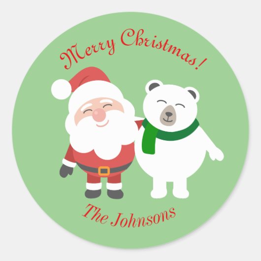 ホリデー サンタとクマのクリスマス ラウンド ステッカー (正面)