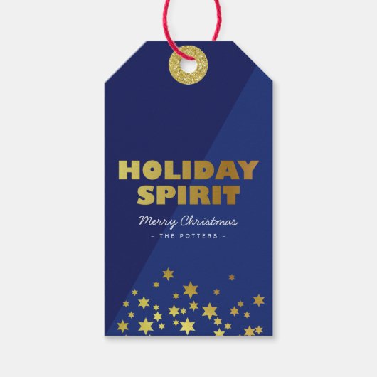 ホリデー・スピリット |おもしろいクリスマスブルー&金ゴールド ギフトタグ (正面)