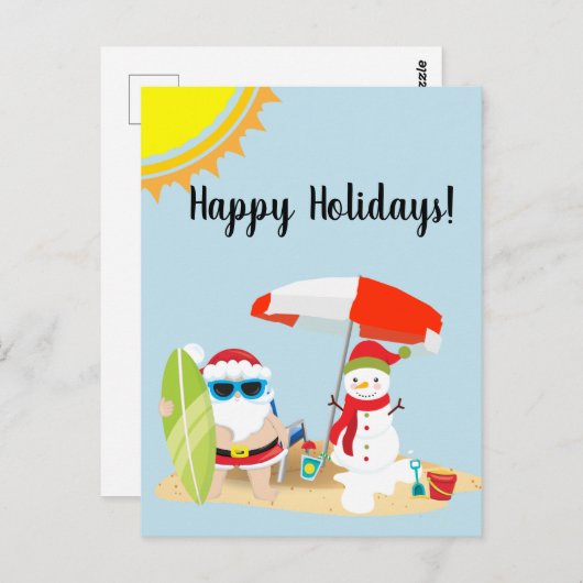 ホリデー トロピカル ビーチ スノーマン サンタ クリスマス ポストカード (正面/裏面)