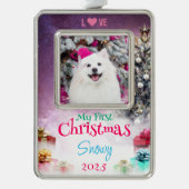 ホリデー ペット フォト 記念品、ツリー & ギフト、パープル - シルバープレートフレームオーナメント (正面)