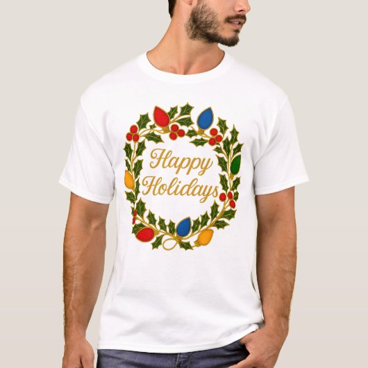 ホリデー+リース+クリスマスライト+ヒイラギ Tシャツ (正面)