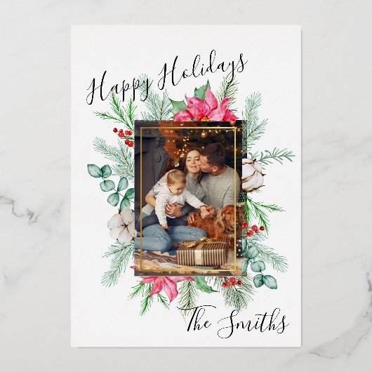 ホリデー リース ゴールド フォイル クリスマス カード (写真付き) (正面)