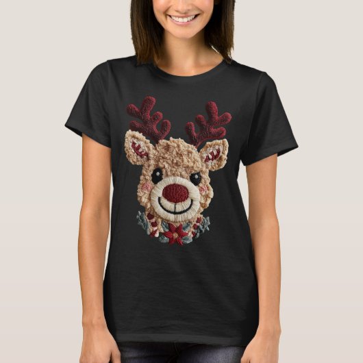 ホリデーFun - 赤い鼻のトナカイ フェイクヤーン Tシャツ (正面)