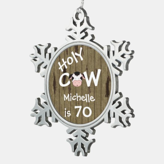 ホリパーソナライズされたーおもしろいクカウ70番目誕生日オーナメント スノーフレークピューターオーナメント (右)
