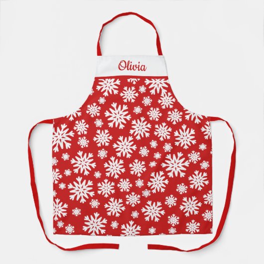 ホリパーソナライズされた赤と白ーのスノーフレーク エプロン (正面)