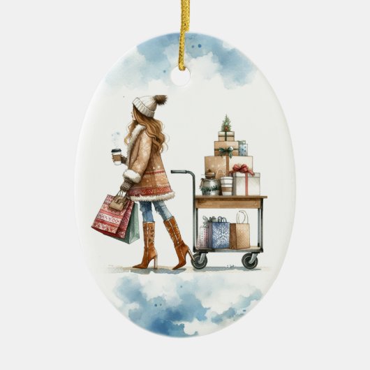 ホリファッショニスタデーショップコーヒーカートパーソナライズされた セラミックオーナメント (正面)