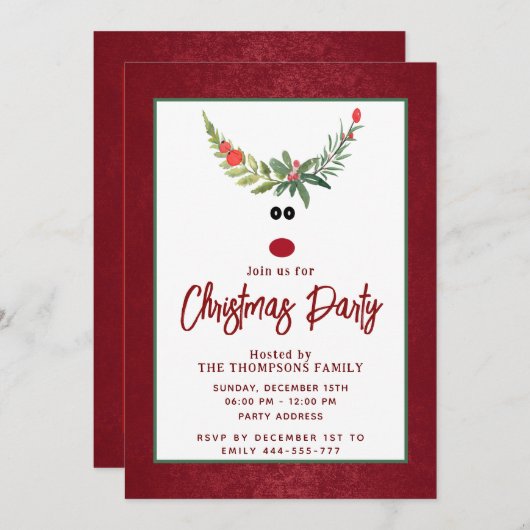 ホリーおもしろいトナカイのクリスマスパーティー企業の 招待状 (正面/裏面)