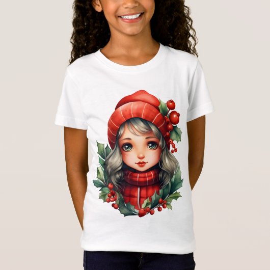 ホリーかわいい女の子のクリスマス Tシャツ (正面)