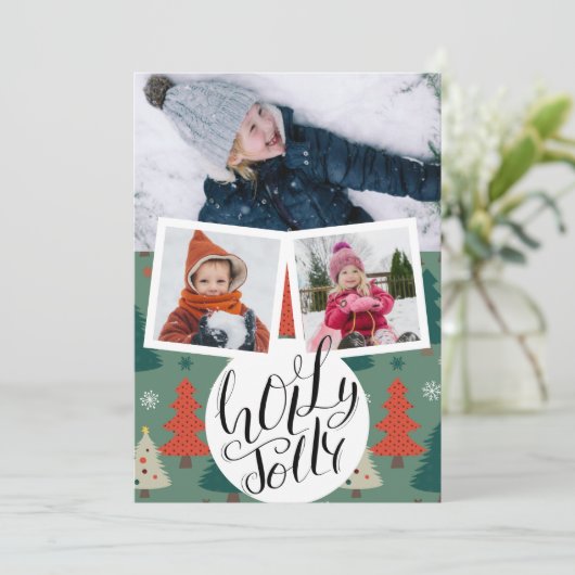 ホリーすてきおもしろいスクリプトクリスマスパインの木写真 シーズンカード (スタンド正面)