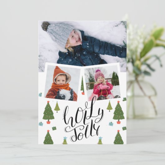 ホリーすてきおもしろいスクリプトクリスマスパインの木写真 シーズンカード (スタンド正面)