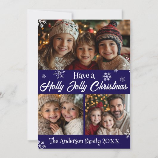 ホリーすてきクラシッククリスマスブルーと白のクリスマスフォト シーズンカード (正面)
