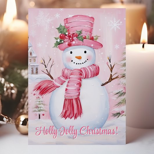 ホリーすてきクリスマスかわいいピンク雪だるま シーズンカード