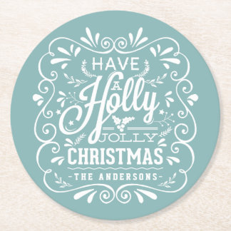 ホリーすてきクリスマスチョークアートホリデーパーティーブルー ラウンドペーパーコースター