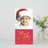 ホリーすてきクリスマス写真 |赤お洒落金ゴールド シーズンカード (スタンド正面)