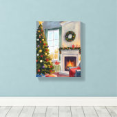 ホリーすてきクリスマス | 暖炉ツリーメリー キャンバスプリント (インサイチュ (ウッドフロア))