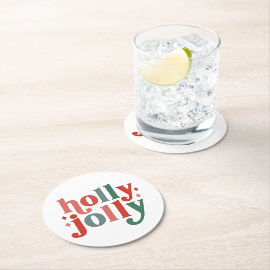 ホリーすてきレトロホリデータイポグラフィ ラウンドペーパーコースター (インサイチュ)