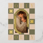 ホリーすてきレトロ市松模様にクリスマスアーチ写真 箔シーズンカード (正面)