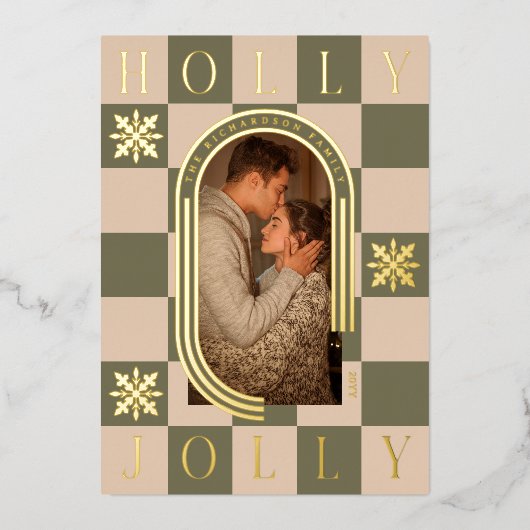 ホリーすてきレトロ市松模様にクリスマスアーチ写真 箔シーズンカード (正面)