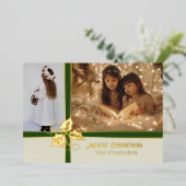 ホリーとアイビーのグリーンリボン ホリデーカード 箔シーズンカード (立ち正面)