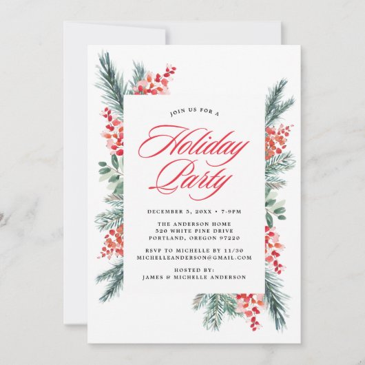 ホリーとエバーグリーンのホリデーパーティー 招待状 (正面)