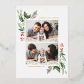 ホリーとグリーンの2枚の写真でハッピーホリデーズ 箔シーズンカード (正面)
