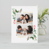 ホリーとグリーンの2枚の写真でハッピーホリデーズ 箔シーズンカード (立ち正面)