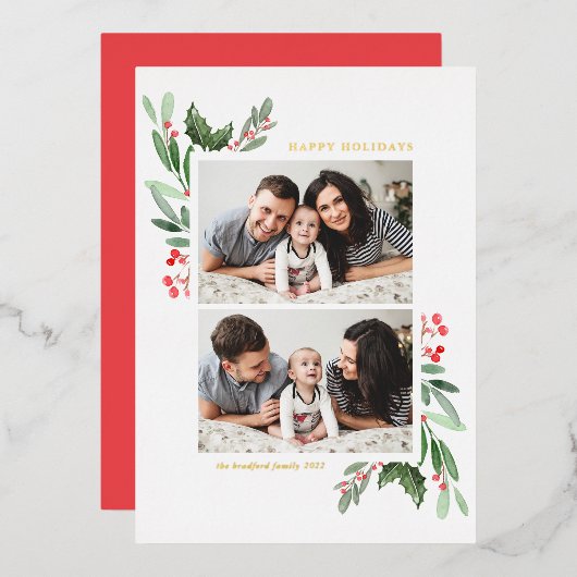 ホリーとグリーンの2枚の写真でハッピーホリデーズ 箔シーズンカード (正面/裏面)
