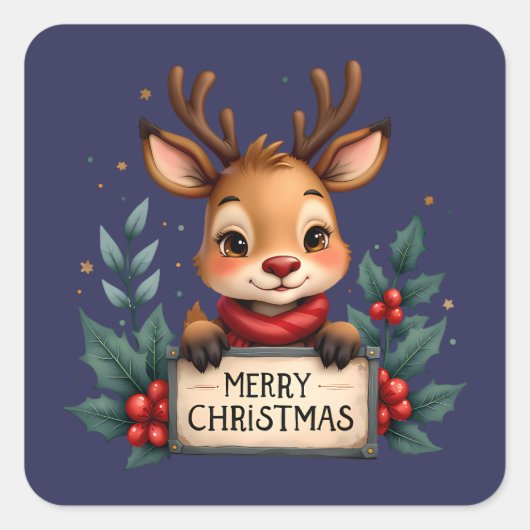 ホリーとサインが入ったかわいいクリスマストナカイ スクエアシール (正面)
