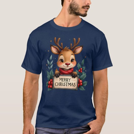 ホリーとサインが入ったかわいいクリスマストナカイ Tシャツ (正面)