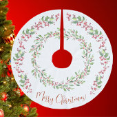 ホリーとツタ、赤、緑、白、メリークリスマス。 ブラッシュドポリエステルツリースカート