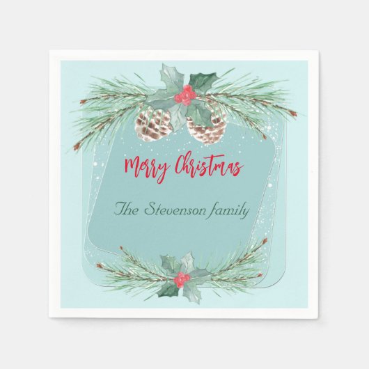ホリーとトウヒの枝を持つクリスマスリース。 スタンダードカクテルナプキン (正面)