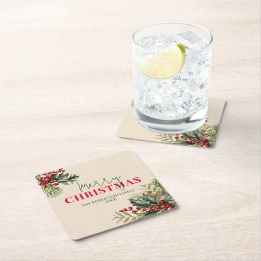 ホリーとパインのベージュクリスマスパーティー スクエアペーパーコースター (インサイチュ)