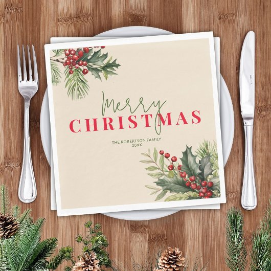 ホリーとパインのベージュクリスマスパーティー スタンダードランチョンナプキン