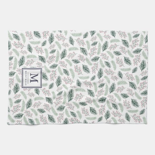 ホリーとパインのモノグラムのクリスマス キッチンタオル (横)