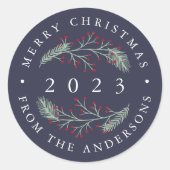 ホリーとパイン |メリーパーソナライズされたクリスマス ラウンドシール (正面)