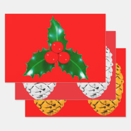 ホリーとピネコーンレッドラッピング紙 ラッピングペーパーシート