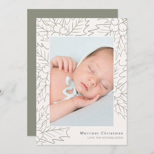 ホリーとベリーのクリームとセージ写真のクリスマス シーズンカード (正面/裏面)